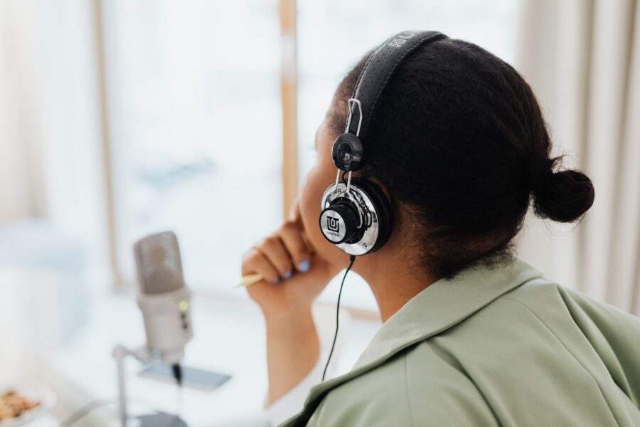 Woman listening podcast