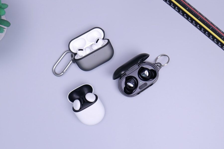 black and white headphones on white table