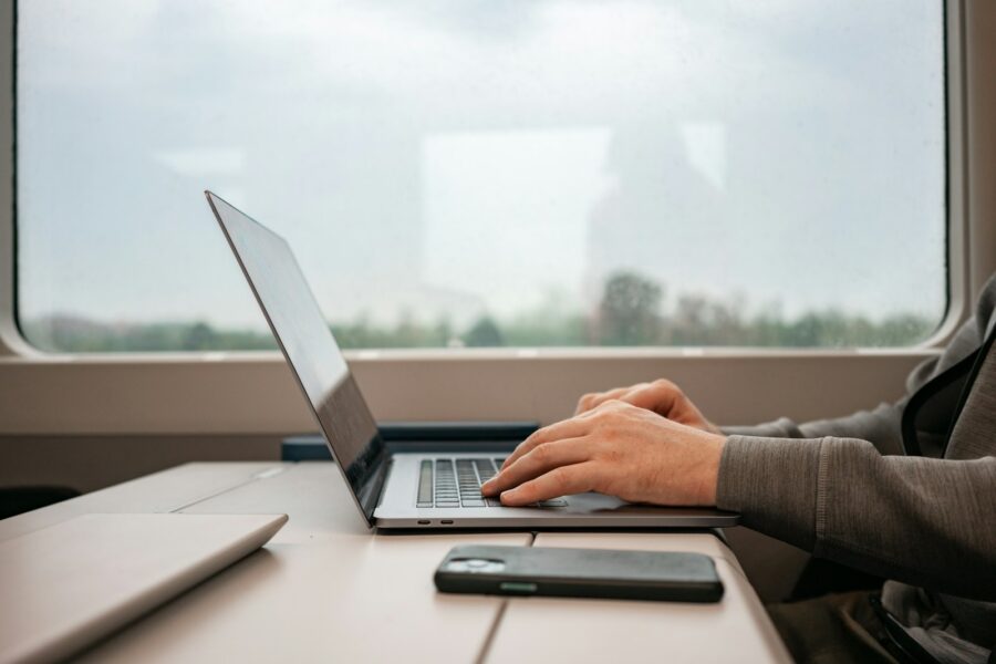 Traveler using laptop